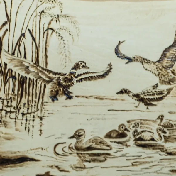 eendjes detail Eendenrust aan de Waterkant – Pyrografie eenden op hout (26×33 cm)