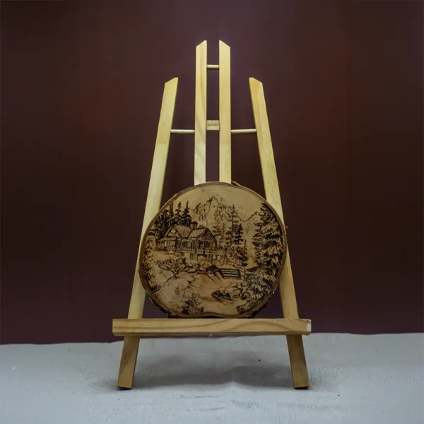 Bergrust in Hout – Pyrografie landschap op rond hout (Ø 18 cm)