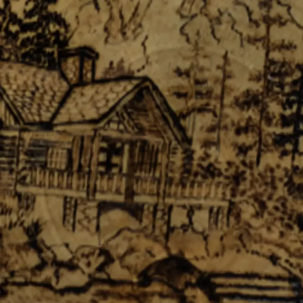 Bergrust in Hout – Pyrografie landschap op rond hout (Ø 18 cm)