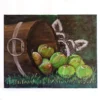 wasbeer schilderij met nieuwsgierige wasbeer achter omgevallen emmer met appels, acryl op canvas
