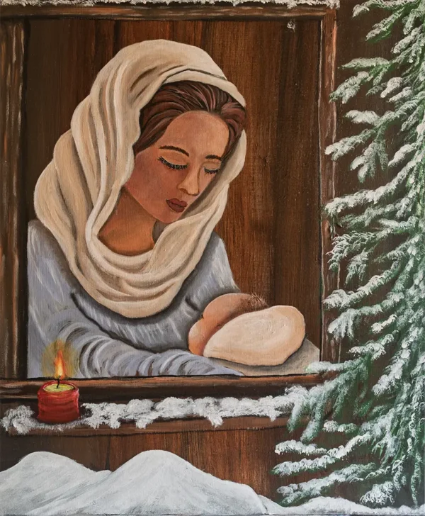 Winterlicht & Geborgenheid" - Acryl schilderij moeder en kind (80 × 60 cm)