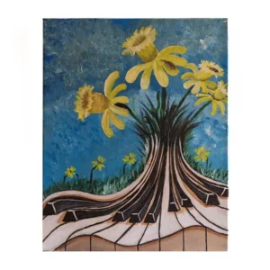 Handgeschilderde canvas kunst: acrylschilderij met pianotoetsen die overgaan in bloeiende narcissen, op een blauwe achtergrond