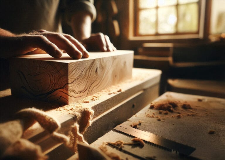 Hand die zorgvuldig over geschaafd spalted beukenhout strijkt tijdens het maken van een houten urn, Letza’s ambachtelijke urnen nu met herijkte prijzen voor bredere toegankelijkheid.