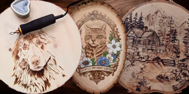 Drie handgemaakte pyrografiewerken op hout, volledig met de hand gebrand; elk stuk uniek en niet reproduceerbaar