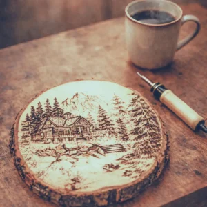 Pyrografie landschap op een tafel
