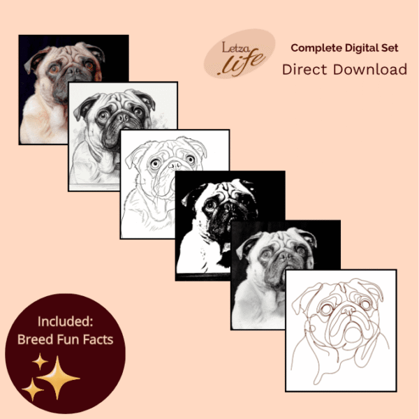 Inhoud overzicht artist pack mopshond voor tekenen, schilderen, houtbrandkunst en digitale kunst