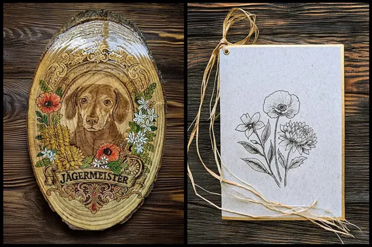 Handgebrand houten hondenportret van een Teckel met bloemenkrans en handgeschreven kaart, gemaakt door Letza.life met pyrografie en aquarel.