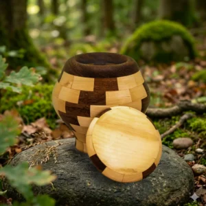 (ca. 2000 ml) Urn, handgemaakt van spalted beuken en padouk – “Vensters van Verbondenheid”