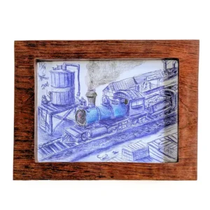 Balpentekening stoomtrein in een exoten hardhouten lijst, handgemaakt.