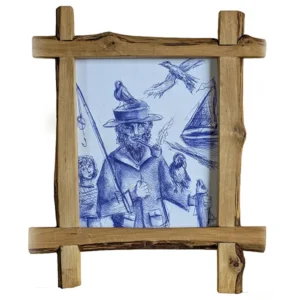 overzichtfoto van een balpentekening 'visser' in een handgemaakt houten lijstje van hazelaarhout