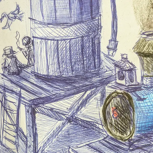 Duo-kunstwerk: Balpentekening 'Stoomtrein' in Exotisch Hardhouten Lijst