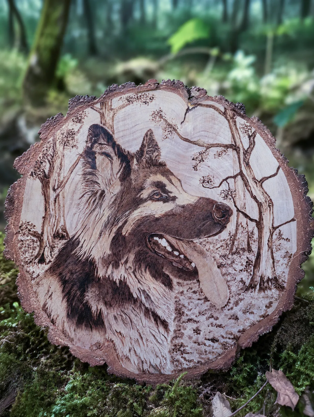 pyrografieportret hond op maat op een berkenhouten schijf - Skipper - in de Heeswijkse bossen00
