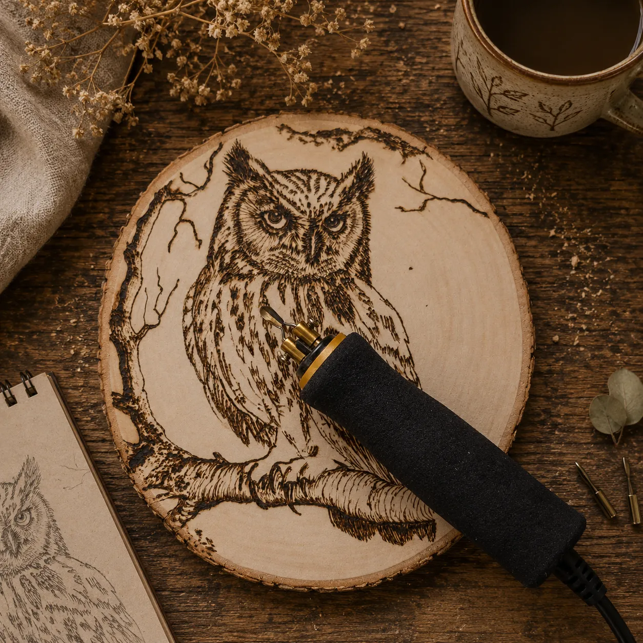 Realistisch pyrografie portret van een man (vader), met uiterste precisie in hout gebrand door Letza. Een tastbare en persoonlijke herinnering in hout voor een dierbare.
