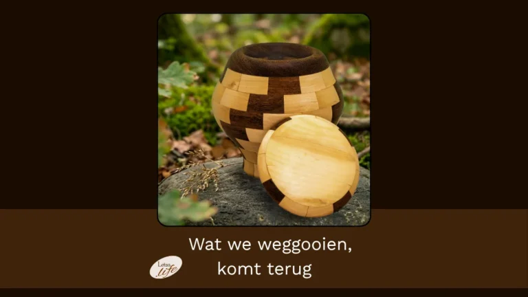 Handgemaakte houten urn op steen in de natuur — een natuurlijk en milieuvriendelijk alternatief voor plastic urnen
