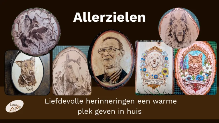 Collage van handgebrande pyrografie portretten van honden, een kat, een paard en een mens op hout door Letza.life voor Allerzielen